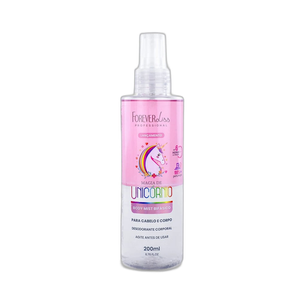 Frasco transparente com líquido rosa, spray body splash Forever Liss Magia de Unicórnio 200ml